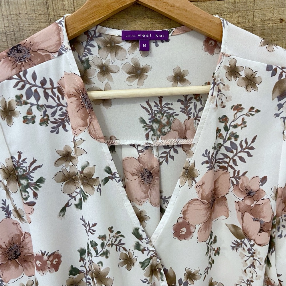 Floral Blouse, Wrap Style, Flowy, 3/4 Length Sleeves, Longer in Back - Picture 4 of 11